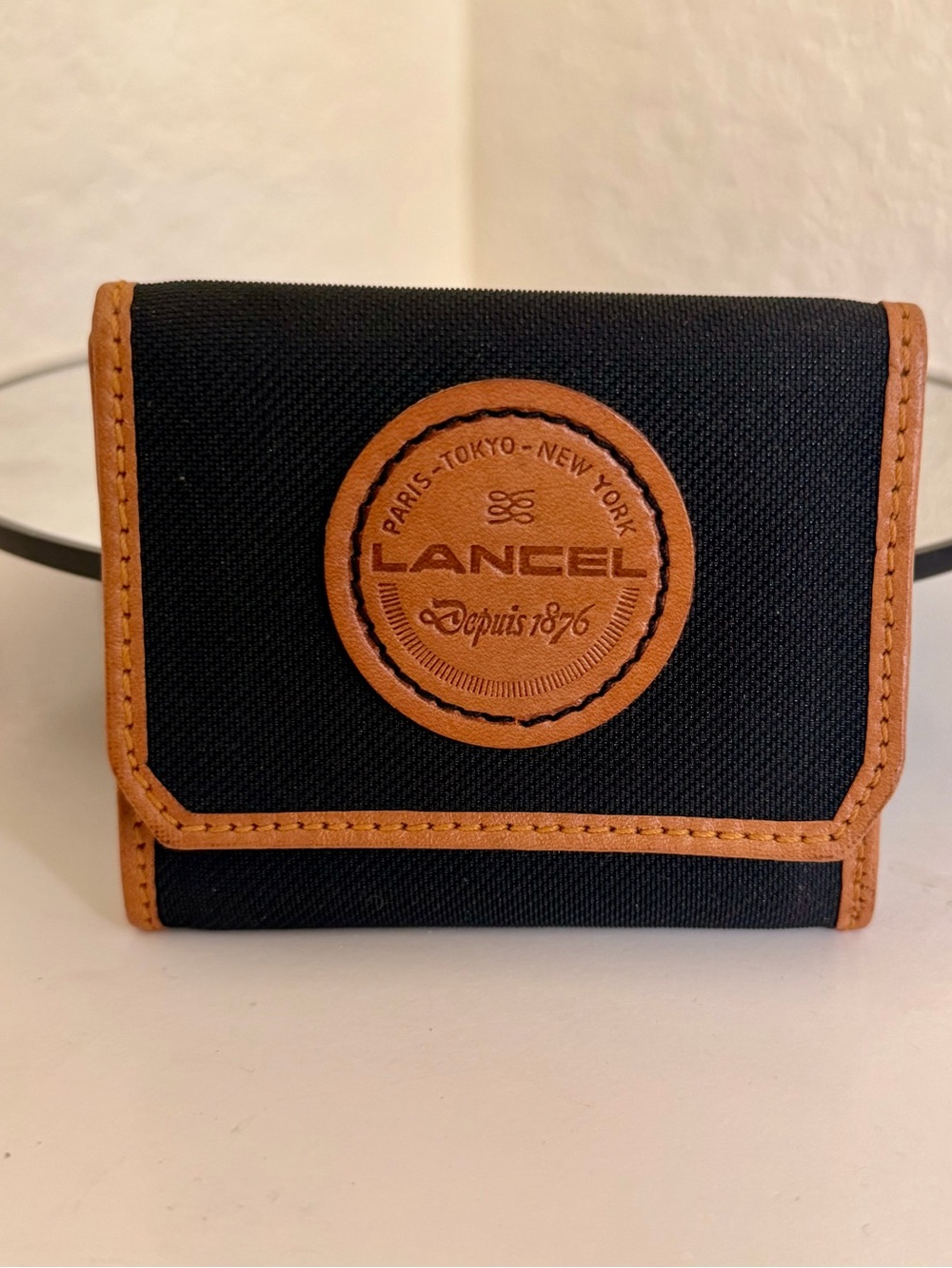 LANCEL LEATHER Compact Mini WALLET Cardholder Black Canvas Tan Leather Trim
